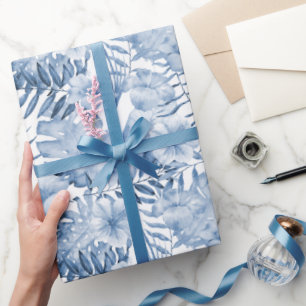 Papier Cadeau Déversement de Mariée de Feuilles Florales Bleu Vi