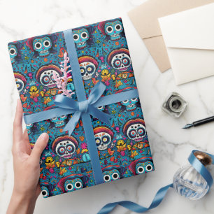Papier Cadeau Dia de Muertos, motif de crânes de sucre bleu