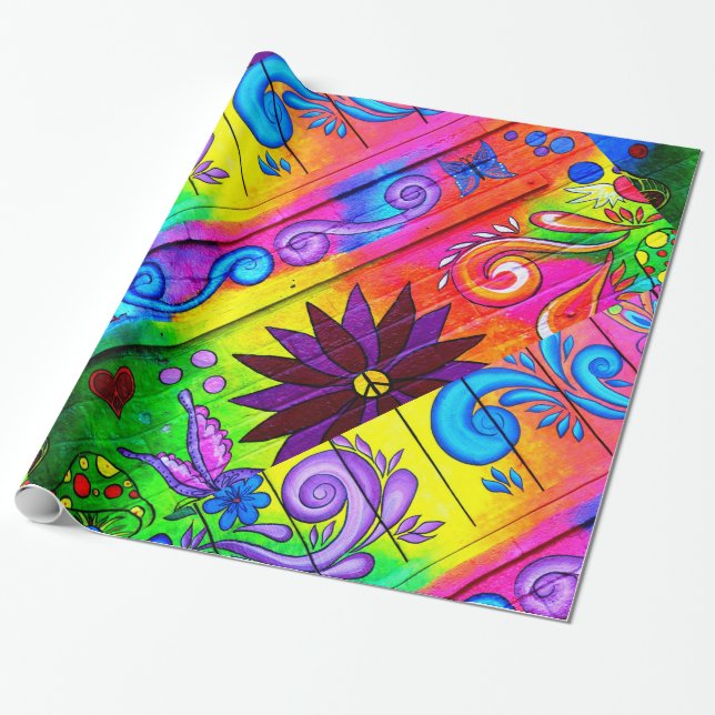 Papier Cadeau diagonale psychédélique des années 70 hippies (Déroulé)