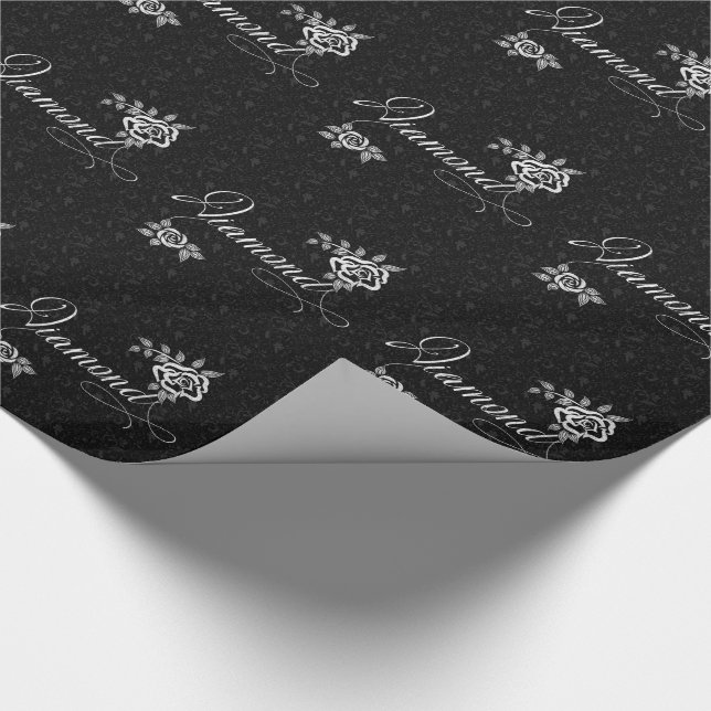 Papier Cadeau Diamant aux roses blanches sur le noir floral (Coin)