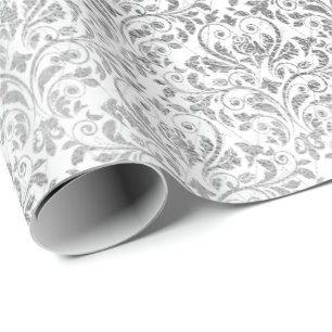 Papier Cadeau Diamant sensible net gris de damassé blanche