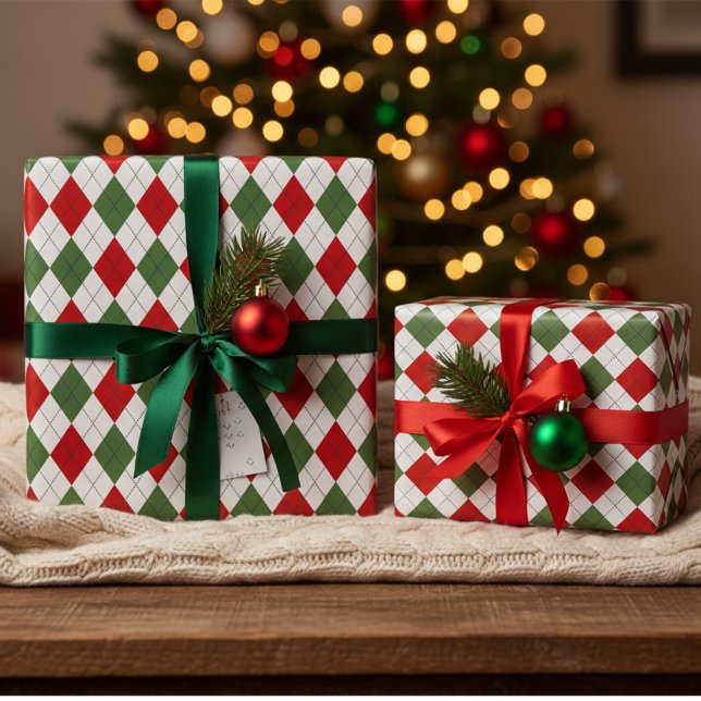 Papier Cadeau Diamants de Jacquard de Noël rouge et vert classiq (Classic Christmas Red and Green Argyle Diamond Pattern. Elegant and Simple Xmas Gift Wrap for Anyone)