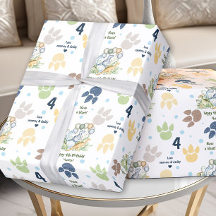 Papier Cadeau Dinosaur Bleu Vert Garçon Anniversaire Nom Texte