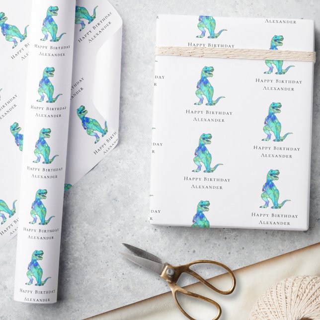 Papier Cadeau Dinosaur Joyeux Anniversaire Personnalisé Nom du g (dinosaur happy birthday personalized boy name modern gift wrapping paper colorful watercolor T-Rex)