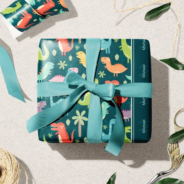 Papier Cadeau Dinosaur Motif Blue Monogrammed Kid Boy Party (Créateur téléchargé)