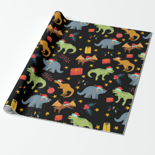 Papier Cadeau Dinosaur Noël Motif de chapeau, Noir