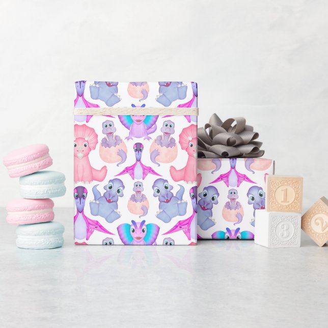 Papier Cadeau Dinosaure Aquarelle rose Baby shower d'anniversair (Baby Shower)