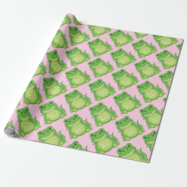 Papier Cadeau Dinosaure Baby shower T-Rex Rose Girl (Déroulé)