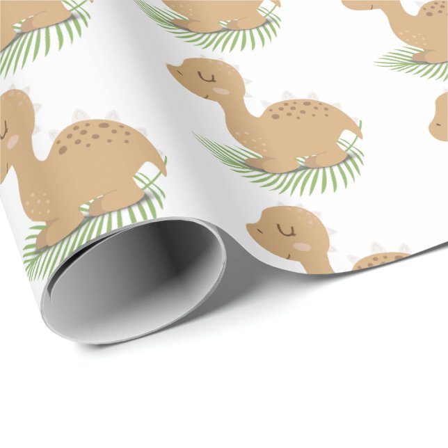Papier Cadeau Dinosaure Bébé Sur La Feuille (Coin rond)