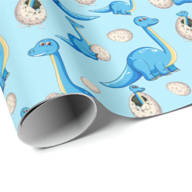 Papier Cadeau dinosaure de caricature bleu mignon motif avec béb (Coin rond)