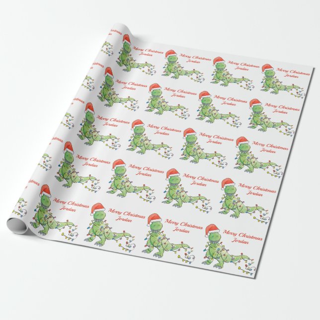 Papier Cadeau Dinosaure de Noël Joyeux Personnalisé (Déroulé)