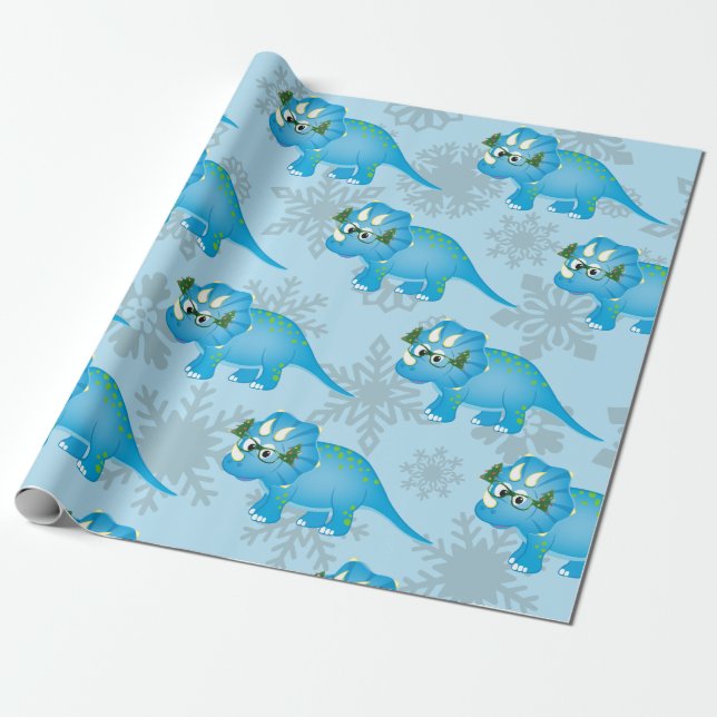 Papier Cadeau Dinosaure de Noël Snowflakes mignons Bleu enfants (Déroulé)