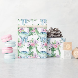 Papier Cadeau Dinosaure floral aquarelle dessin animé garçons 