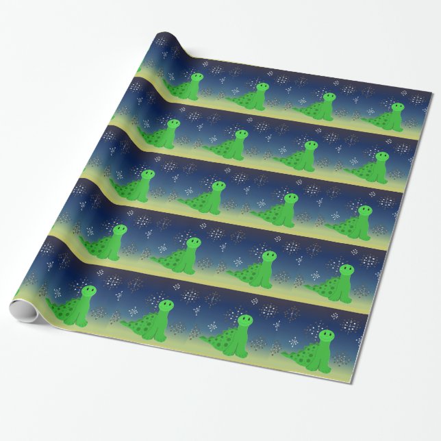 Papier Cadeau Dinosaure mignon avec des flocons de neige (Déroulé)