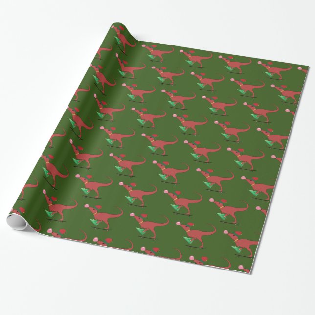 Papier Cadeau Dinosaure Patinage Santa Hat (Déroulé)