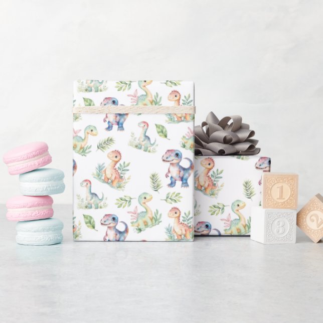 Papier Cadeau Dinosaures aquarelle blanc (Baby Shower)