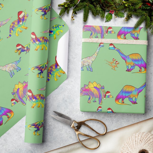 Papier Cadeau Dinosaures de Noël portant le Motif de chapeaux de (Colorful Christmas dinosaurs wearing santa hats holiday wrapping paper)