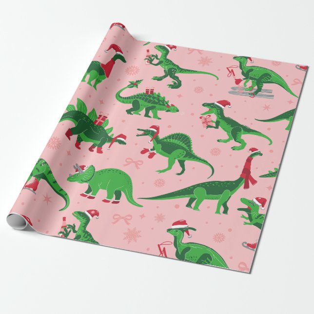 Papier Cadeau dinosaures de noël rose stegosaurus triceratops (Déroulé)