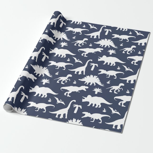 Papier Cadeau Dinosaures Dinos Motif en Bleu et Blanc (Déroulé)