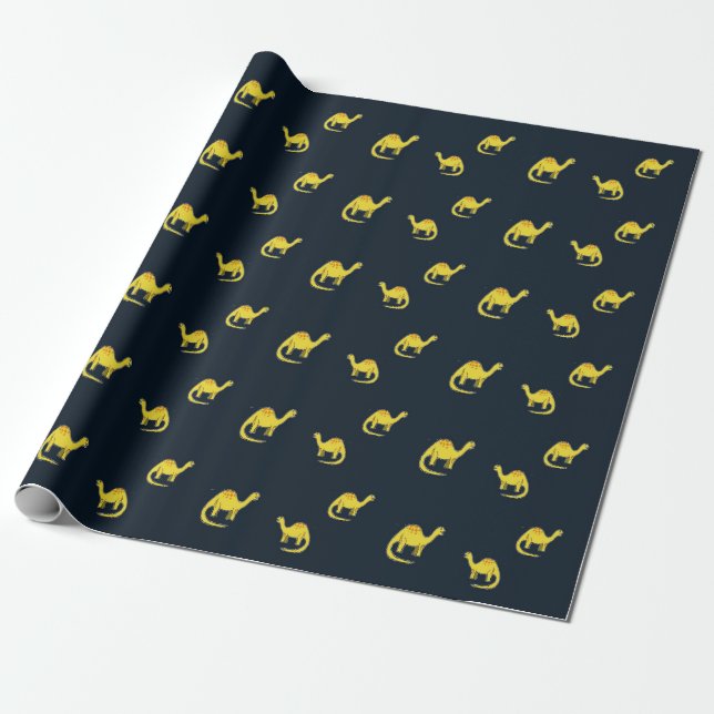 Papier Cadeau Dinosaures jaunes mignons motif sur bleu (Déroulé)