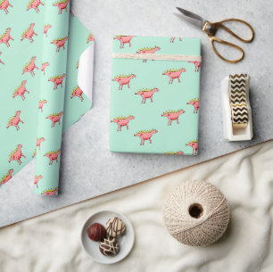 Papier Cadeau dinosaures roses motif sur bleu pâle