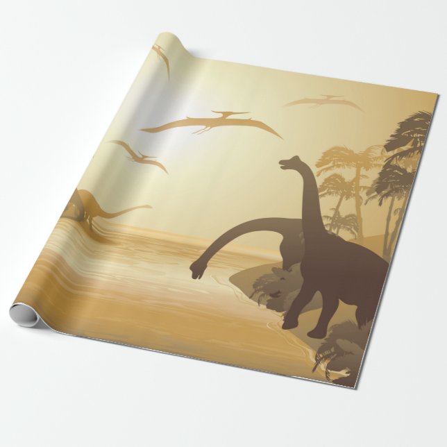 Papier Cadeau Dinosaurs on Tropical Jurassic Landscape  (Déroulé)