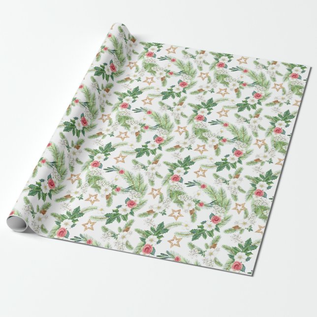 Papier Cadeau Direction des Roses de l'aquarelle de Noël (Déroulé)