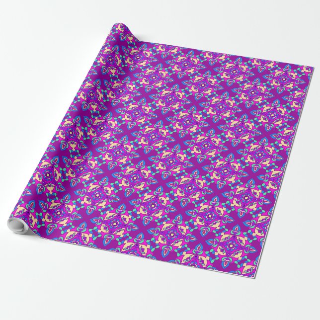 Papier Cadeau Diwali Giftwrap rose, bleu, violet Rangoli Motif (Déroulé)