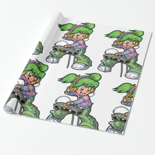 Papier Cadeau DJ Girl avec cheveux verts et casques