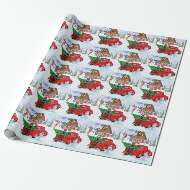 Papier Cadeau Doberman Chien en Livraison Noël Camion Neige (Déroulé)