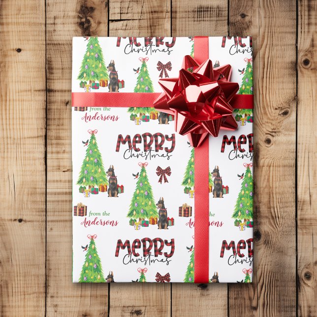Papier Cadeau Doberman Pinscher, Oiseau et Arbre de Noël (Créateur téléchargé)
