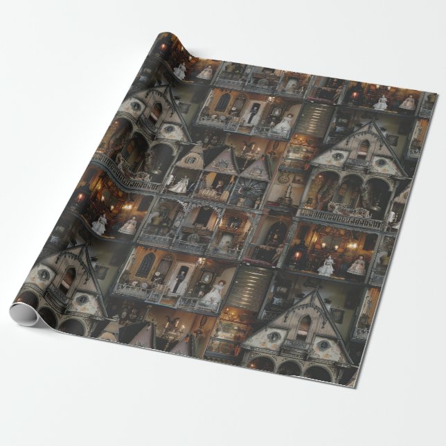 Papier Cadeau Dollshouse victorienne gothique hantée avec poupée (Déroulé)
