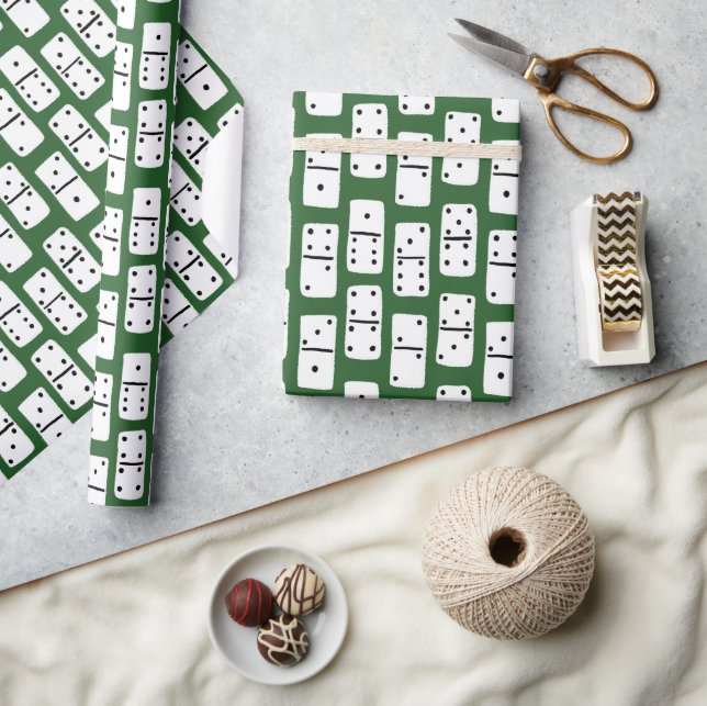 Papier Cadeau Dominos blancs avec points noirs sur motif vert (Artisanat)