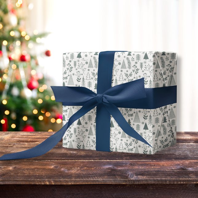 Papier Cadeau Doodinavie sapins Noël bleu (Doodle Scandinavian trees Blue Christmas Wrapping Paper)