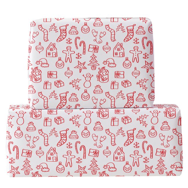 Papier Cadeau Doodle de Vacances Rouge et Blanc (Fun Christmas holiday scribble doodle illustration red and white gift wrapping paper)
