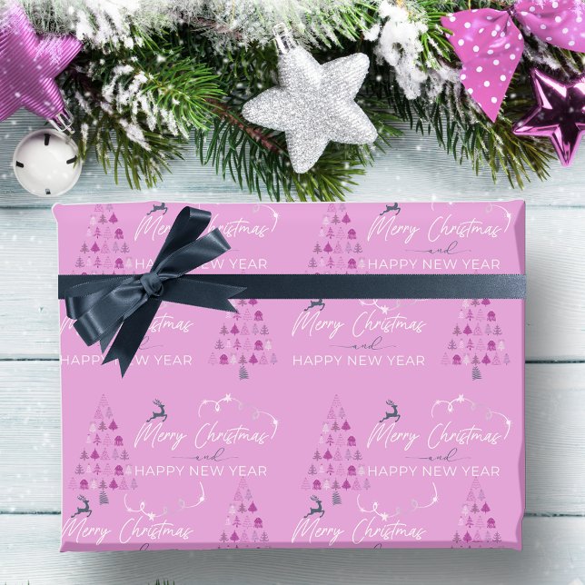 Papier Cadeau Doodle violet clair Arbre de Noël Étoiles de renne (Light Purple Doodle Christmas Tree Reindeer Stars Wrapping Paper)