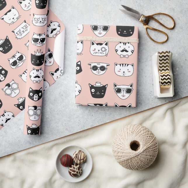 Papier Cadeau Doodles à visage de chat soyeux (Artisanat)