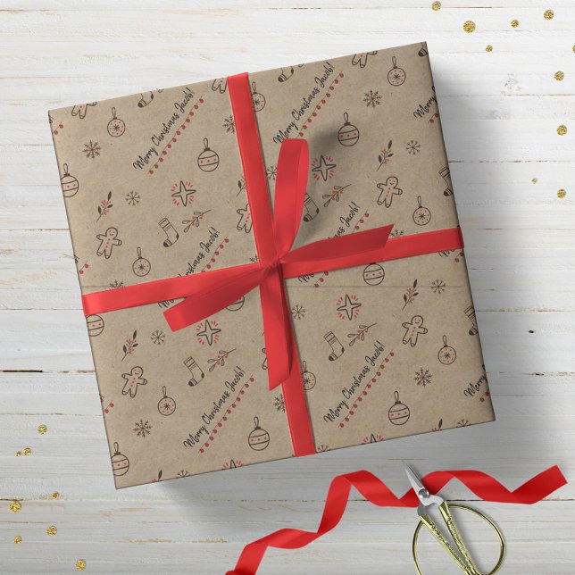 Papier Cadeau Doodles de Noël personnalisés Kraft Brown (Créateur téléchargé)