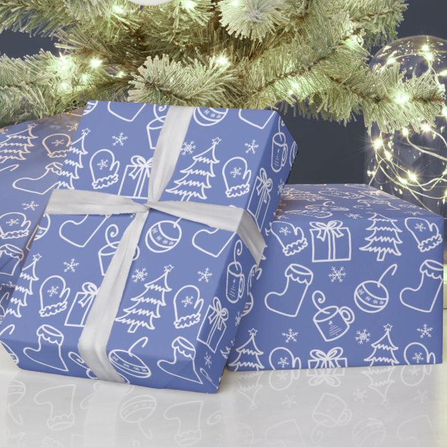 Papier Cadeau Doodles de Noël Sapphire gris bleu pourpre (Créateur téléchargé)