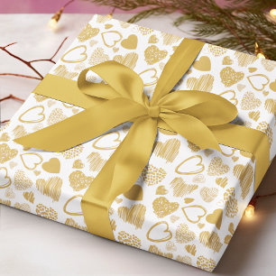 Papier Cadeau Doré moderne Blanc Romantique Amour Coeur Doodle