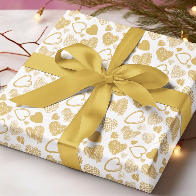 Papier Cadeau Doré moderne Blanc Romantique Amour Coeur Doodle (Créateur téléchargé)