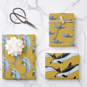 Papier cadeau doré motifs dauphins