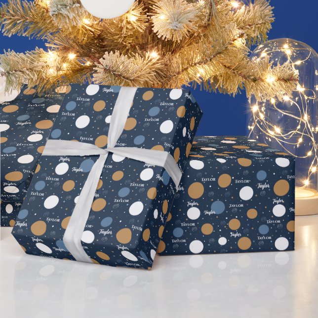Papier Cadeau Dots Moderne Dotée Bleu foncé Nom de Noël Texte (Vacances)