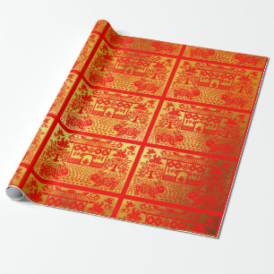 Papier Cadeau Double Rabbit papier coupé chinois Nouvel An Gold 