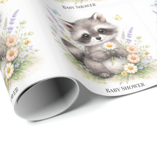 Papier Cadeau Douce Fête de Naissance de Bébé Raton Laveur de la