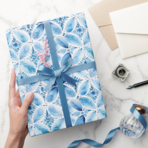 Papier Cadeau Douce Mariée Fleurie en Batik Bleu Blanc