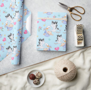 Papier Cadeau Douce Nouveau Bébé Garçon et Cigogne 