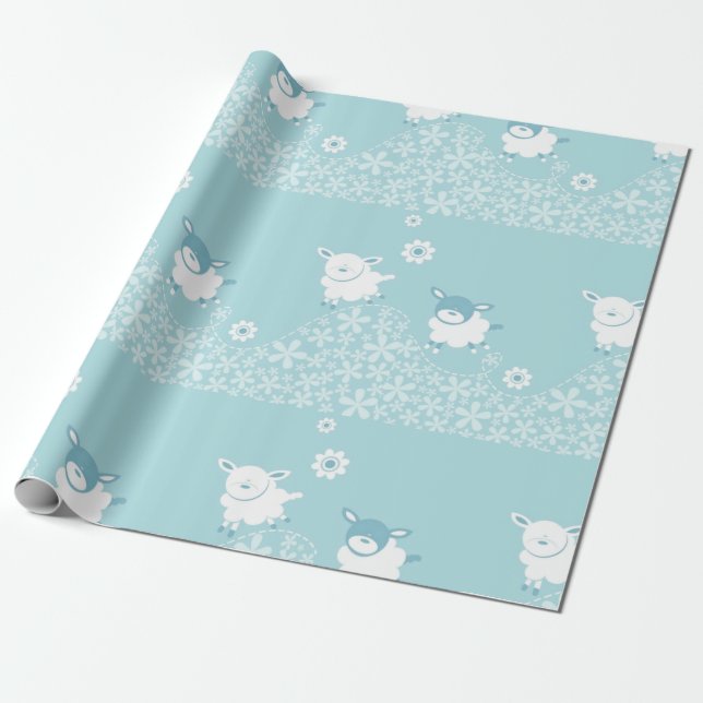 Papier Cadeau douche bleue de bébé de moutons (Déroulé)