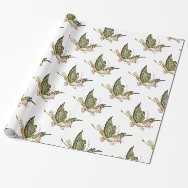Papier Cadeau DOUCHE POUR FILLE BÉBÉ STORK, Blanc rose (Déroulé)