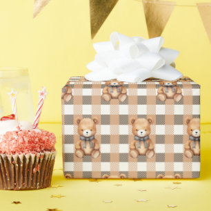 Papier Cadeau Doux Ours en Peluche à Carreaux Neutre